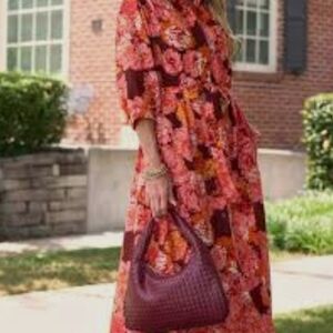 Lemoncurve Sz L Floral Coastal Tiered Flowy Maxi Button DownDress Quater Sleeve